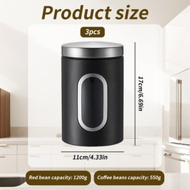 3 Pack Stainless Steel Kitchen Canisters, Canisters Sets for the Kitchen Accessories Stainless Steel Food Container With Secure Lids & Viewing Window Multi Food Storage Jars for Tea Coffee (Black)