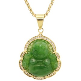 Stainless Steel Good Luck Laughing Buddha Created Imitation Jade Pendant Necklace (Gold Green)