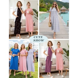 Marvmys Lady Cotton Nightgown Long Length Sleepshirt Comfy Short Sleeve Nightshirt with Pockets Blue Yellow Floral XL