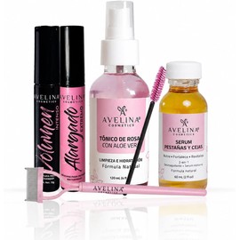 AVELINA COSMETICS - Avelash Kit, Serum alargador de pestañas y cejas 60ml, Tónico de rosas con aloe vera de 120ml, Máscara Volumen Intenso 13g, Máscara Alargado Extremo 13g, Separador de pestañas.