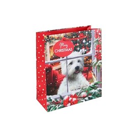 Eurowrap Merry Christmas Cute Dog In Window Gift Bag with Red Gift Tag Xmas Gift Wrap Medium