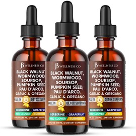 Wormwood Black Walnut Cleanse for Humans Drops Liquid Soursop Garlic Pumpkin Seed PAU D'Arco Oil of Oregano Turmeric Berberine Neem Extract Hull Bark Tincture - 6 oz