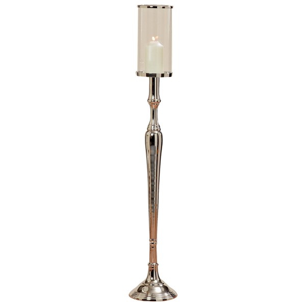Old World Luxurious Grand Hotel Pillar Candle Holder, Free Standing Floor Candelabra, Stunning Silver Aluminum Nickel, 43 Inches Tall, Includes Stand and Glass Sleeve, Aisle Accent