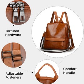 FUNSEED Women Fashion PU Leather Anti-Theft Travel Handbag Crossbody Backpack Outdoor Backpack, brown