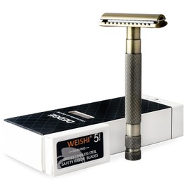 Maquinilla de afeitar clásica de doble filo con diseño de una sola hoja y peso para hombres, maquinilla de afeitar reutilizable, con 5 hojas de afeitar premium (bronce)