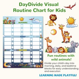 JJPRO Bedtime/Daily/Morning All-in One Routine Chart for Kids,Daily Schedule Board for Toddler, Routine Checklist for Kids at Home, Large Routine Chart for Non-Magnetic Fridge-Safari Park