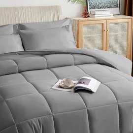 TAIMIT Grey Full Size Comforter Set - 7 Pieces, Bed in a Bag Bedding Sets with All Season Soft Quilted Warm Fluffy Reversible Comforter,Flat Sheet,Fitted Sheet,2 Pillow Shams,2 Pillowcases