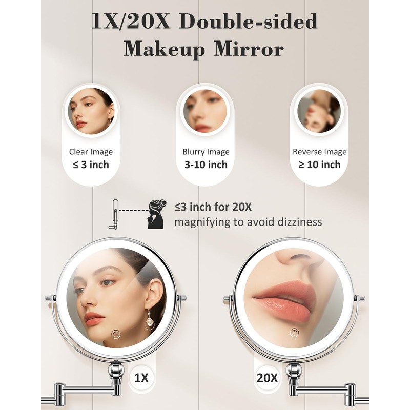 vpu 9" Wall Mounted Makeup Mirror with Light, 20X/1X Height