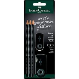 FABER-CASTELL 217059 Pencil Set Sleeve, with Sharpener, Eraser and 3 Pencils, Writing Set Grip 2001 Black