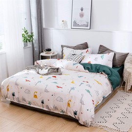 Odot Bed Linen 220 x 240 cm 3-Piece Microfibre Bed Linen Set with Zip + 2 Pillowcases 50 x 75 cm, Children's Bedding Set Duvet Cover with Dinosaur Cartoon Pattern, White Green