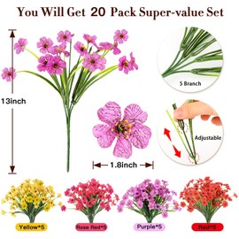 MERIXMAS 20 Bundles Artificial Flowers for Outdoors Decorations, Fake Flowers Faux Plants Fake Silk Colorful Flowers Realistic UV Resistant for Garden Patio Porch Window Box Home Indoor Outdoor Decor