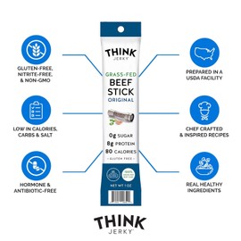 (Pack of 10 Sticks) Think Jerky, Original Grass-Fed Beef Sticks (1.0 OZ/Stick)