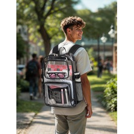QOECI Clear Backpack Heavy Duty for Women Men Boys Girls, Transparent See Through Backpack with Accessories, Large TPU Bookbag for School Sport College Work Travel Security, Black