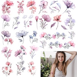 JJUNW 20 Blätter Blumen Temporäre Tattoos, Wasserfeste Fake Tattoos Aufkleber für Erwachsene Aquarell Blumenblätter Klebetattoos Realistische Bunt Flower Haut Tattoo