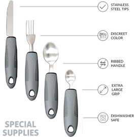 Extra Wide Handles Easy Grip Cutlery Set, Chunky Handles, Corfort Grips Disability Ideal Dining aid for Elderly Disabled Arthritis Parkinson's Disease Tremors Sufferers (4PCS Grey)