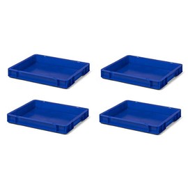 4 Pcs Travel Polypropylene Stacking Box TK 400/0, blue, 400X300X50 mm (L x W x H) – Capacity: 4, Max Load: 20 kg, food grade, Made in Germany – Industrial quality