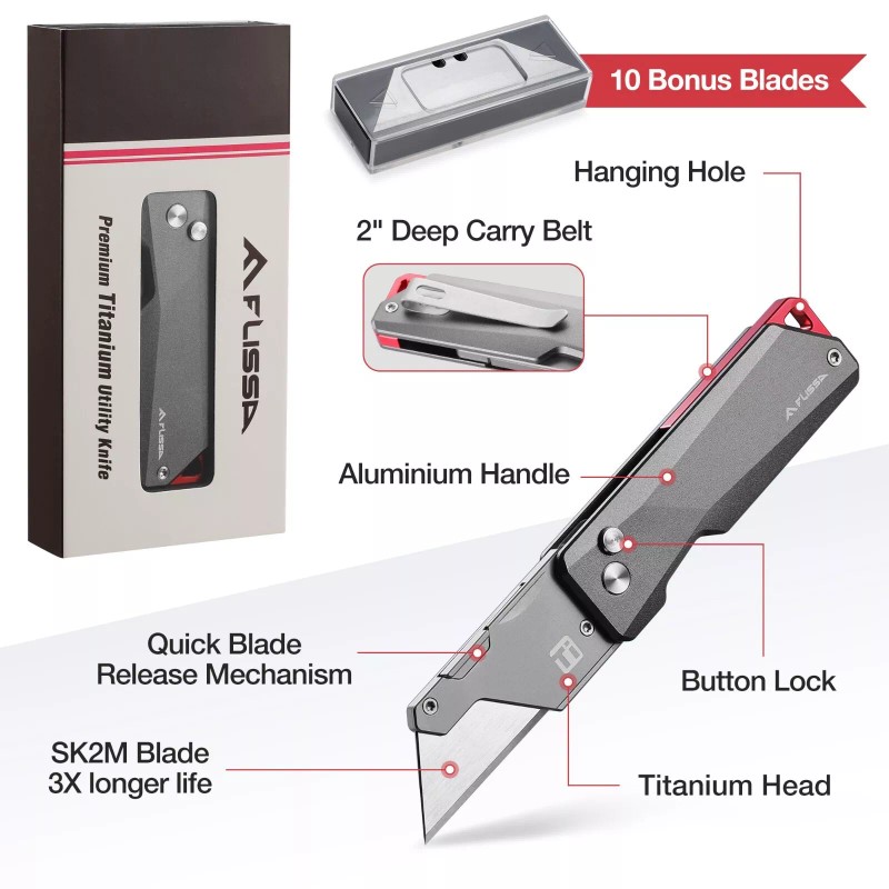 FLISSA Advanced Titanium Utility Knife CNC Unibody 10 Extra Blades