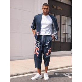 OLEMEK Men's Japanese Kimono Jacket Set Stylish Printed Open Front Cardigan Chinese Style Coat with Shorts Loose Fit Casual Suits Navy Blue M
