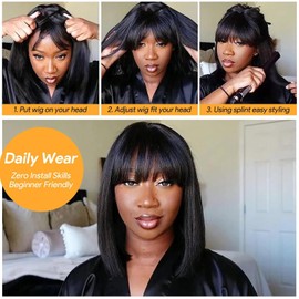 Human Hair Wig with Bangs Wear and Go Glueless Bone Straight Wigs for Women Human Hair Brazilian Hair Natural Black Wig with Fringe Machine Made None Lace Front Wig 12 Inch.