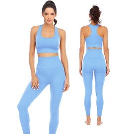 Workout Sets for Women 2 Piece High Waisted Seamless Leggings with Padded Stretchy Sports Bra Sets Yoga Outfit Jogging Gym Clothes(N007L-Blue)