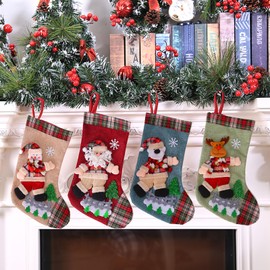 AUEJACKY Santa Stocking 4 Pieces Santa Stocking for Filling Santa Socks Decorative Santa Boots for Filling Christmas Tree Pendant Christmas Decoration with Santa Claus, Snowman, Reindeer-A (B)