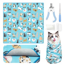 NZDWY Cat Wrap Grooming Supplies Set-Self Adherent Wrap for Cutting Nails and Cleaning Cat Ears，Cat Restraint for Nail Clipping Prevent Scratching/Runaway/Bitten，Cat Swaddle Wrap (cat, Large)