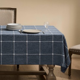 ZeeMart Grid Embroidered Hemmed Tablecloths, Navy Blue 60x104 Inch, Farmhouse Style Heavy Weight Cotton Linen Dark Blue Tablecloths, Boho Plaid Water Resistant Rectangle Table Cloth