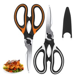 SHARRLA 2 PCS of Kitchen Scissors Heavy Duty Stainless Steel Kitchen Scissors with Safety Cover - Pizza Scissors - Multi Purpose Shears for Chicken UK Dish Washer Safe(White Black+Orange Black)