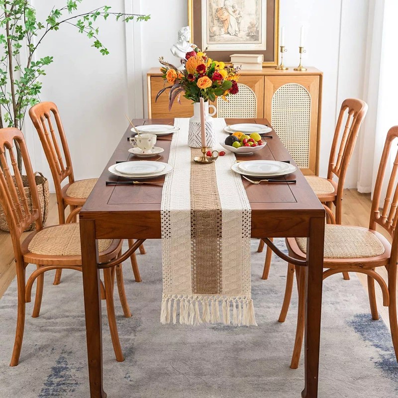 SANBREVE Camino De Mesa Tejido A Mano Con Borlas Vintage