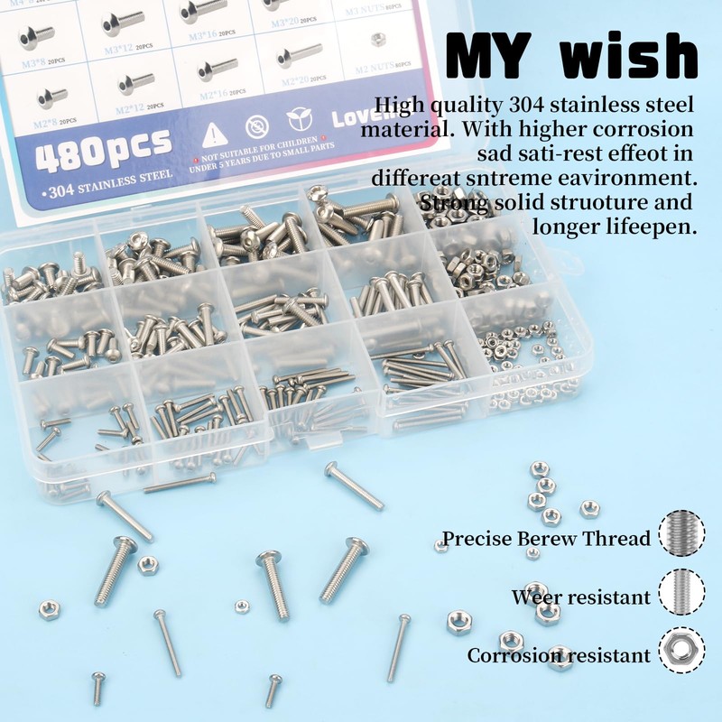 480pcs M2 M3 M4 304 Stainless Steel Metric Screws Assortment