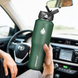 SENDESTAR 32oz Water Bottle Wide Mouth Stainless Steel Vacuum Insulated Double Wall with Straw Lids Fit in Any Car Cup Holder,Dark Green,32 Ounces