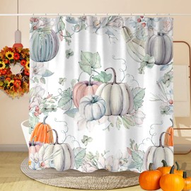Fall Teal Pumpkin Shower Curtains, Cute Autumn Thanksgiving Watercolor Pumpkin Fabric Shower Curtain Set for Bathroom Decoration with Hooks 60 X 72 inch Boho Farmhouse Floral Holiday Bath Decor