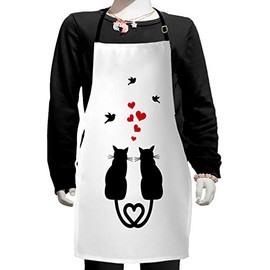 Ambesonne Love Apron, Cats Romance Heart Shaped Tails Birds Animal Silhouettes Valentines Theme, Small Apron Bib with Adjustable Ties for Baking Painting, Small Size, Red Black White