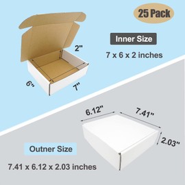 ELAZEKES 7x6x2 Shipping Boxes, Small Cardboard Box White Flat Corrugated Literature Mailer for Small Business Mailing Packaging Jewelry Craft Gift Box, 25 Pack