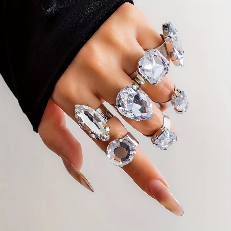 DZSYJKTM Sparkly Silver Chunky Crystal Rings Set for Women, Statement