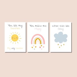 Pink You Are My Sunshine Set of 3 Posters, Size A4, Nursery Decoration, Kids Bedroom Setup