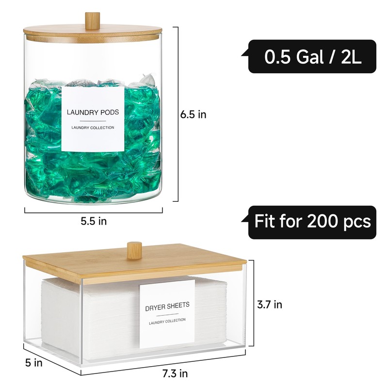 Glass Jars and Acrylic Dryer Sheet Holder, Laundry Pods Container