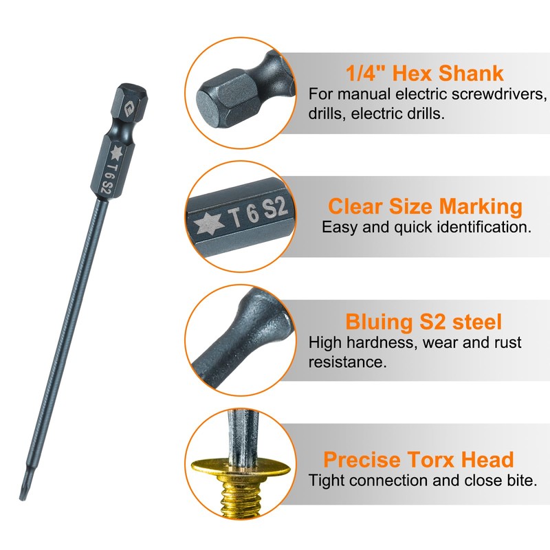 sourcing map 2pcs T6 Torx Screwdriver Bit 1/4" Hex Shank