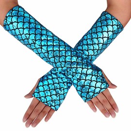 Yikisdy Blue Mermaid Gloves Fish Scale Arm Sleeves Rave Party Gloves Accessories for Women (Blue)