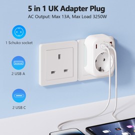 Bigfish Adapter England Germany Plug with 2 USB-C & 2 USB-A (3.4A), UK Adapter, UK Type G Travel Adapter for EU to England/Scotland/Ireland/Dubai/Maldives