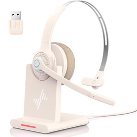 JIAMQISHI Bluetooth Headset - Wireless Headset with Noise Cancelling Microphone, V5.2 Computer Headphones with USB Dongle, Charging Base & Mic Mute for Work/Call Center/PC/Laptop/Online Class/Zoom