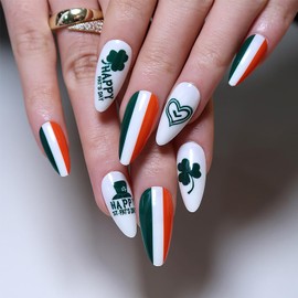 24 Pcs St Patricks Day Press on Nails Medium Fake Nails White False Nails with Clover ＆ Cartoon Hat Designs Almond Nails Glossy Full Cover Stick on Nails Artificial Nails for Women Girls