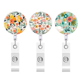 Badge Reel Retractable Badge Holder Reels with Clip for Nurse Teachers Students Volunteers Office Employees (3 Pack Colorful Flowers)