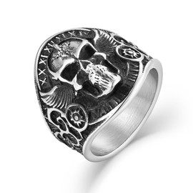 Raymard Skull Rings for Men - Punk Skeleton Biker Rings for Men - Premium Stainless Steel - Roman Numerals - Size 12
