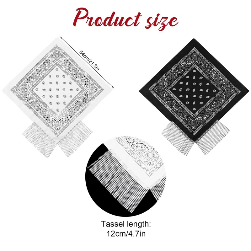 YUXMU 2 Pcs Rhinestone Fringe Bandanas, Black White Western Cowgirl