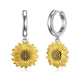 VONALA Sunflower Earrings Sterling Silver Gold-Plated Flower Huggie Hoop Dangle Earrings Sunflower Jewellery Gifts for Women Girls, Sterling Silver