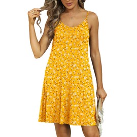 Women's Sleeveless Mini Dress Floral Spaghetti Strap Casual Cover Up Sundress with Pockets Yellow Floral XL