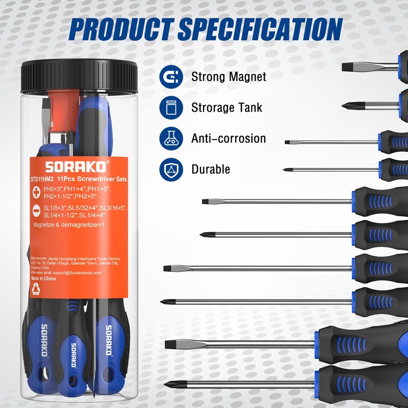 SORAKO 11-Piece Magnetic Screwdriver Set, 5 Phillips and 5 Slotted