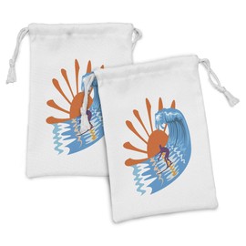 Ambesonne Summer Fabric Pouch Set of 2, Beach Theme Hot Vibes Surfing Sport Sea Ocean Waves Sun Image Poster, Small Drawstring Bag for Toiletries Masks and Favors, 9" x 6", Sky Blue Orange