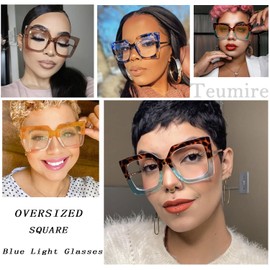 Teumire Oversized Square Blue Light Blocking Glasses for Women Thick Fashion Eyewear Computer Eyeglasses 2 Pack(Black+Tortoise)